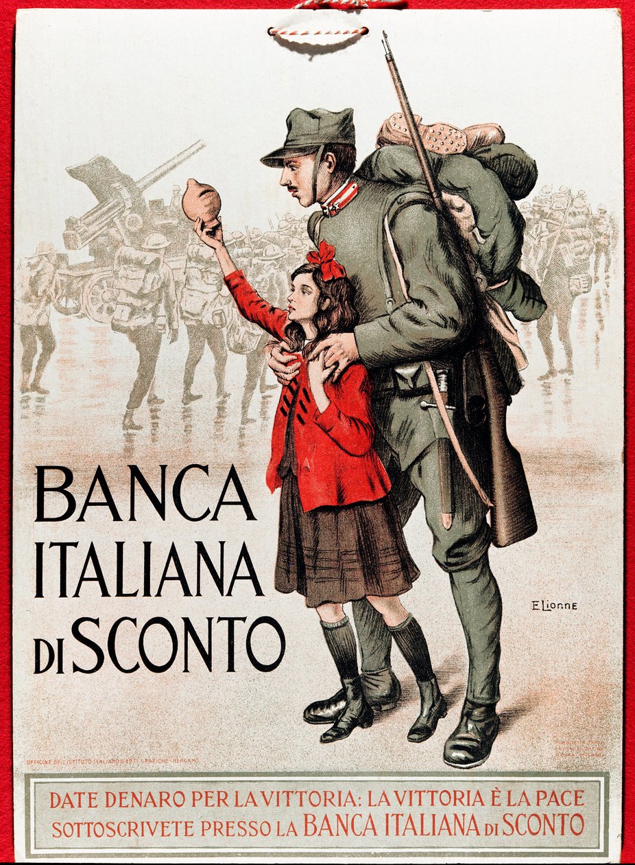Første verdenskrig: Italiensk plakat som oppmuntrer til et nasjonalt lån som representerer en soldat med en liten jente som tilbyr sin lira - Illustrasjon av Enrico della Leonessa (Løvinne) (1875-1921) av Enrico della Lionne