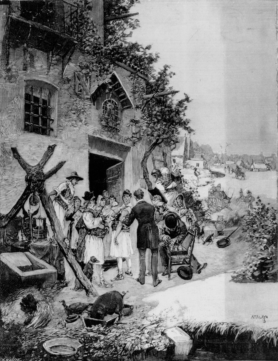 Utfører en offentlig vaksinasjon mot kolera i Murcia-området, 1885 (bw-bilde) av Enrique Atalaya Gonzales