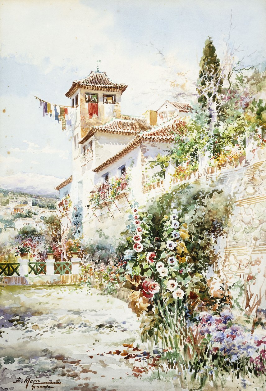 Et andalusisk hus og hage om sommeren (blyant og w/c) av Enrique Marin Higuero
