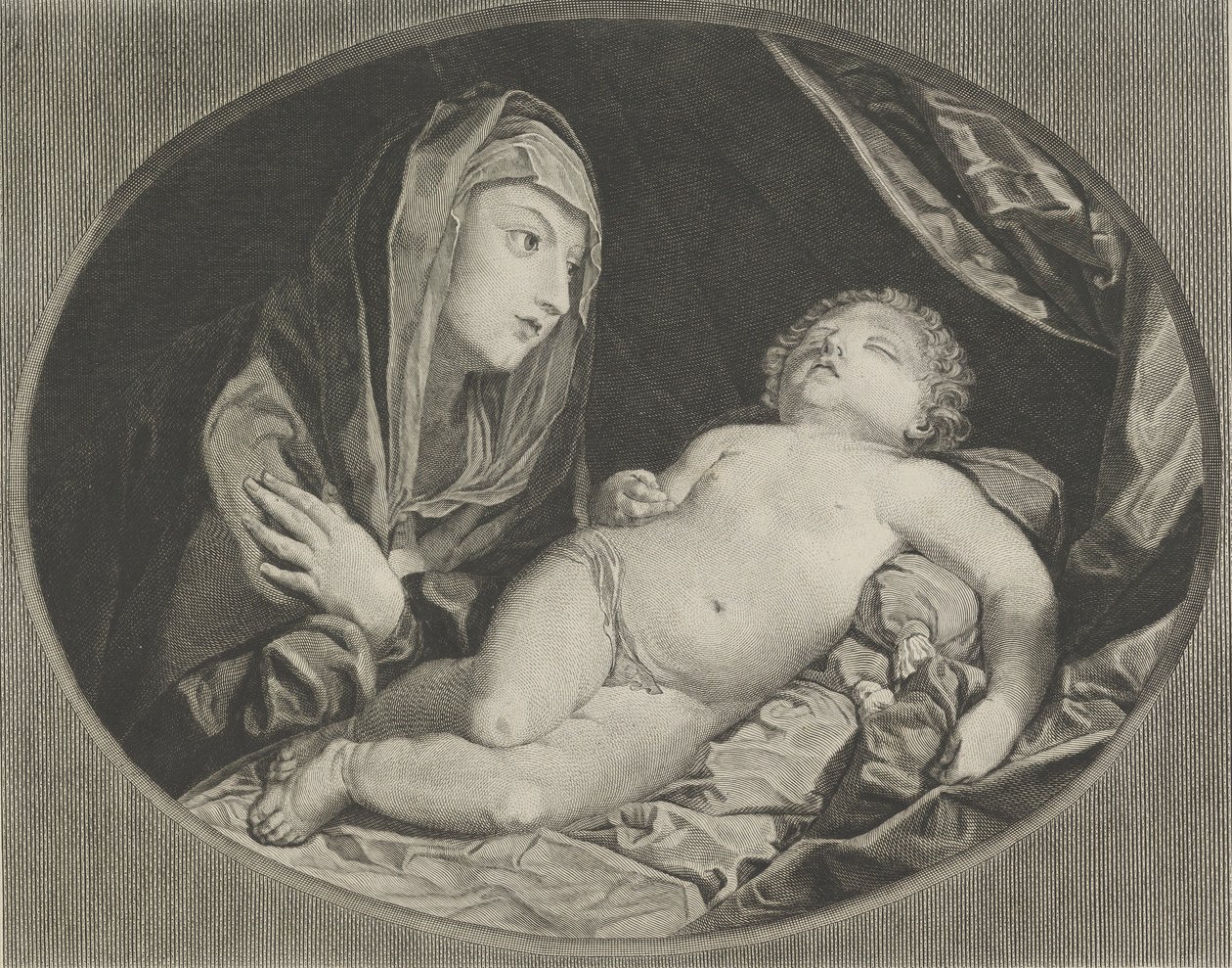 Jomfruen med armene i kors over brystet og ser på det sovende spedbarnet Kristus, i..., 1770-1834. av Ephraim Gottlieb Krüger