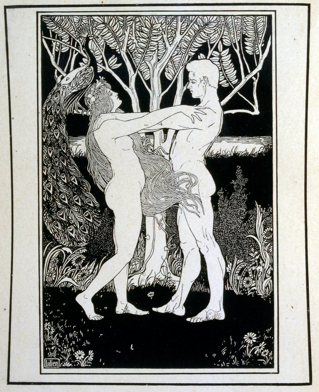 Adam og Eva (uskyld), fra boken Juda illustrert av Ephraim Moses Lilien (1874-1925). Lilian regnes som faren til sionistisk ikonografi, skapt i Jugendstil (tysk art nouveau)-stil. Han illustrerte 