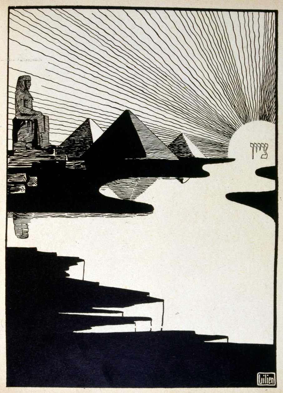 Påskefest, fra boken Juda illustrert av Ephraim Moses Lilien (1874-1925). Lilian regnes som faren til sionistisk ikonografi, skapt i Jugendstil (tysk art nouveau)-stil. Han illustrerte 'Juda' (1900), en bok med bibelsk poesi av Ephraim Moses Lilien