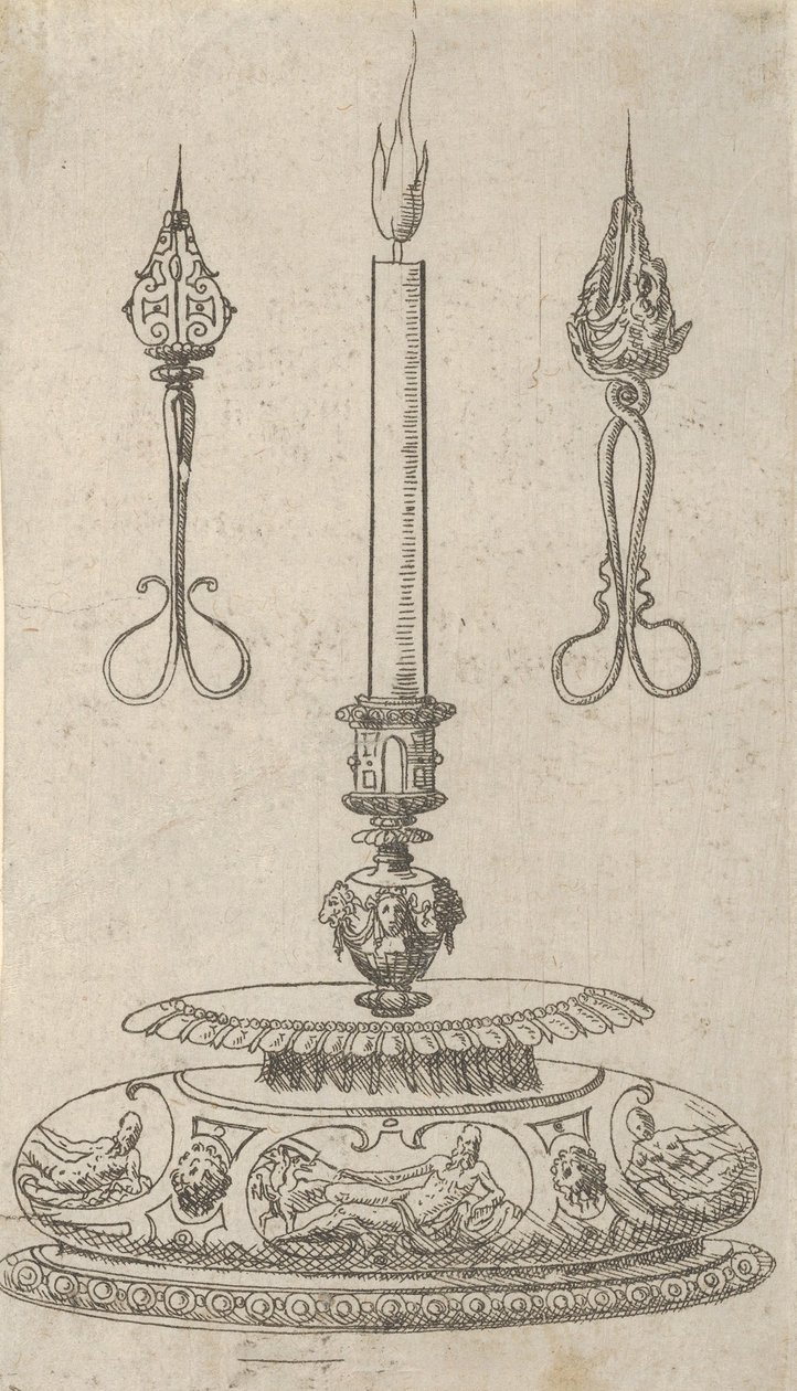 Design for en lysestake med Candle Wick Trimmere, 1560-70. av Erasmus Hornick