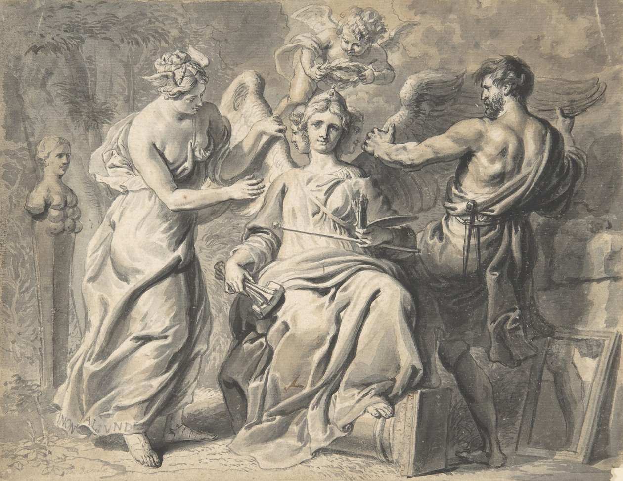 En allegori av kunsten med Isis og geometri som deltar i den trehodede figuren fra..., 1600-tallet av Erasmus Quellinus
