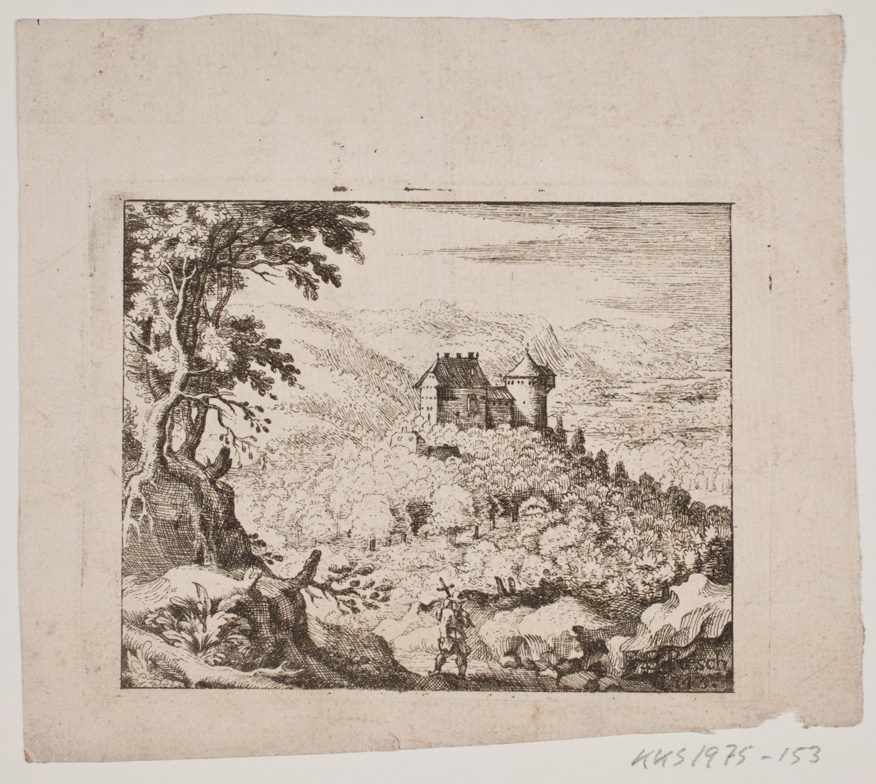 Fjelllandskap med et slott og en vandrer av Erasmus Sigismund Resch