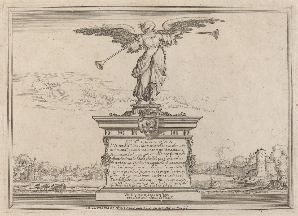 Dedikasjonsside med Statue of Fama av Ercole Bazicaluva