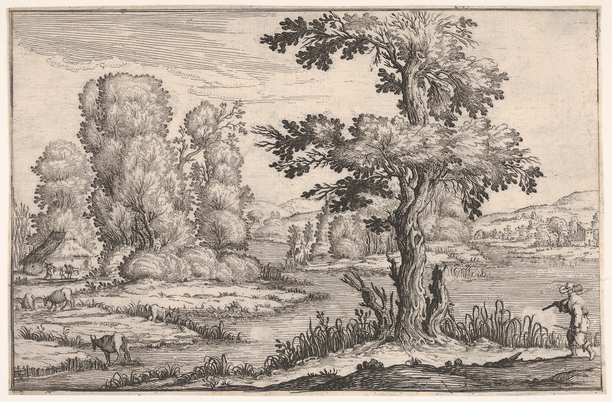 Landskap med geiter som beiter nær en elv og en figur i høyre forgrunn, fra en ser..., 1638. av Ercole Bazicaluva