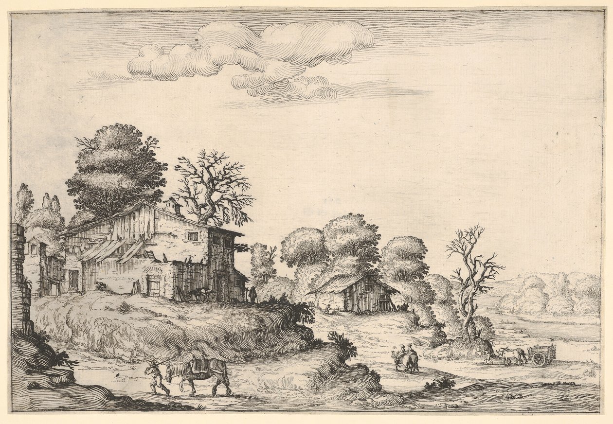 Landskap med bondeboliger og en mann som leder en hest i venstre forgrunn, fra en ..., 1638. av Ercole Bazicaluva