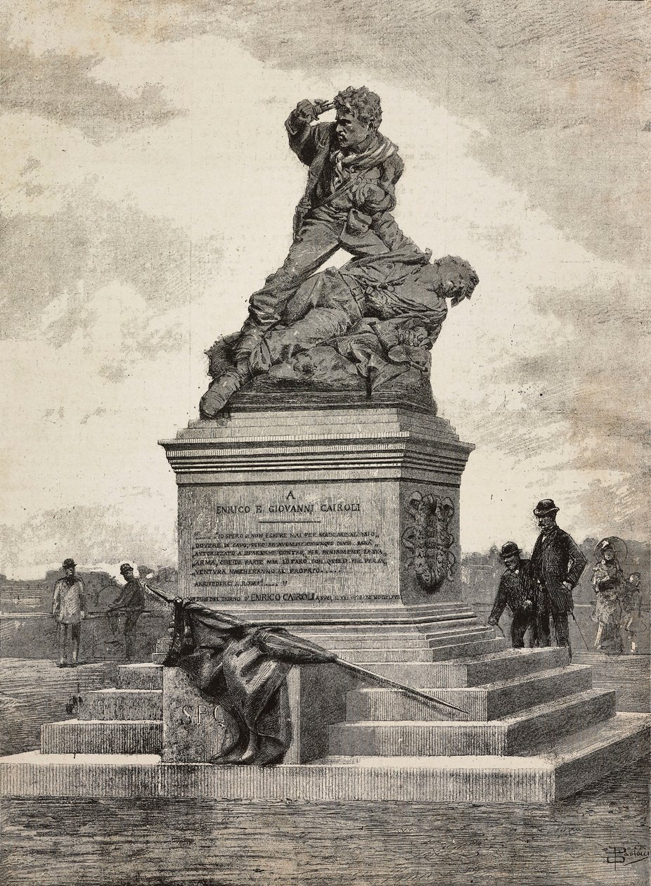 Monument til Enrico (1840-1867) og Giovanni Cairoli (1842-1869), italienske patrioter, bronsegruppe av billedhuggeren Ercole Rosa (1846-1893), på Pincian Hill, Roma, Italia av Ercole Rosa