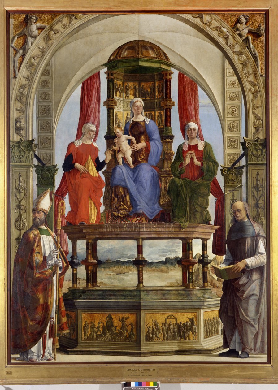 Jomfru tronet med barn, de hellige Anne, Elizabeth, Augustine og den salige Pietro degli Onesti, 1479-91 av Ercole de Roberti