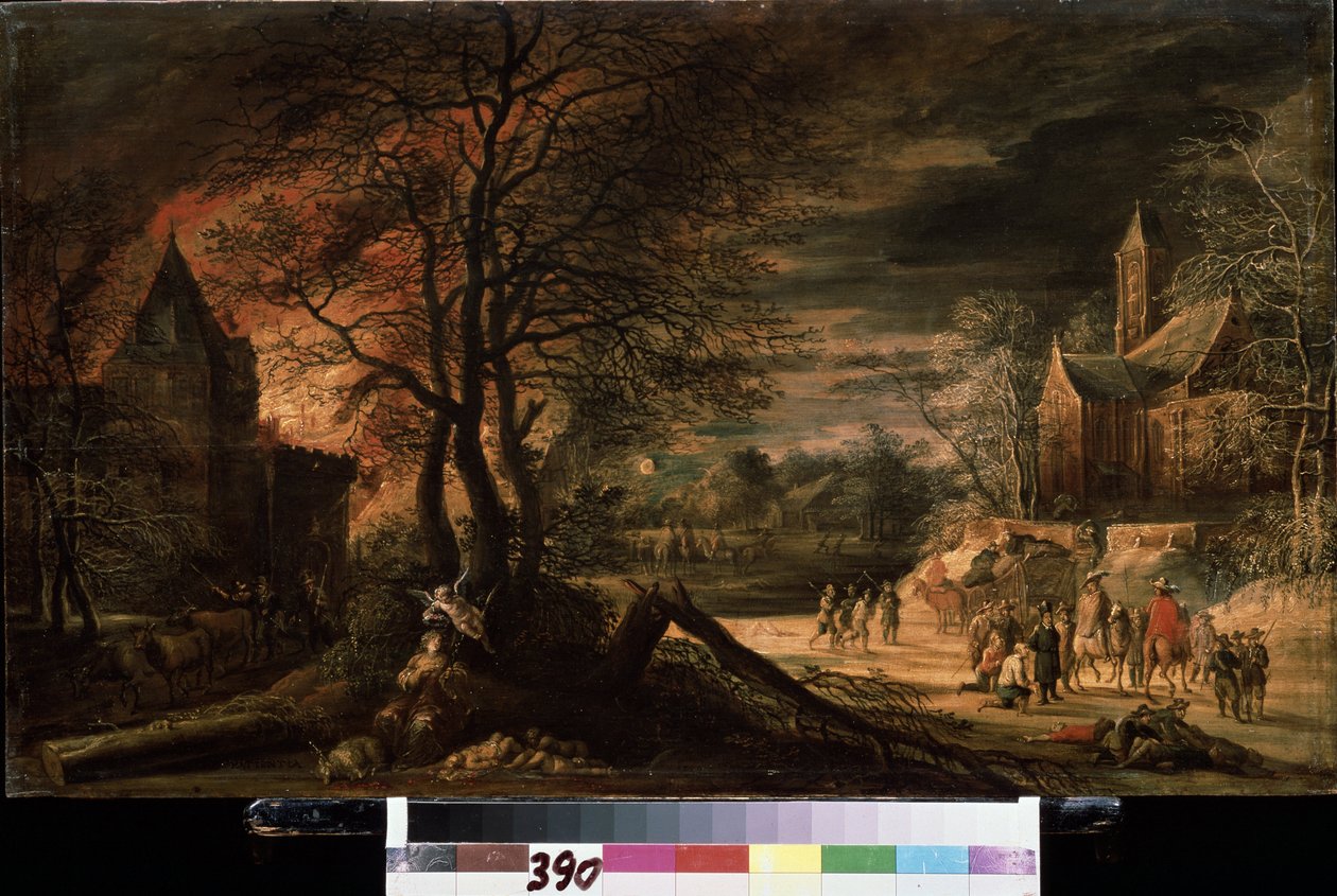 ""Allegory of patience"" (Allegory of patience) Et land i krig, lik strødd på bakken, en brann til venstre, apokalyptisk landskap. Maleri av Ergo Enghelbert (1620-cirka 1667) Pushkin-museet fra 1600-tallet, Moskva av Ergo Enghelbert