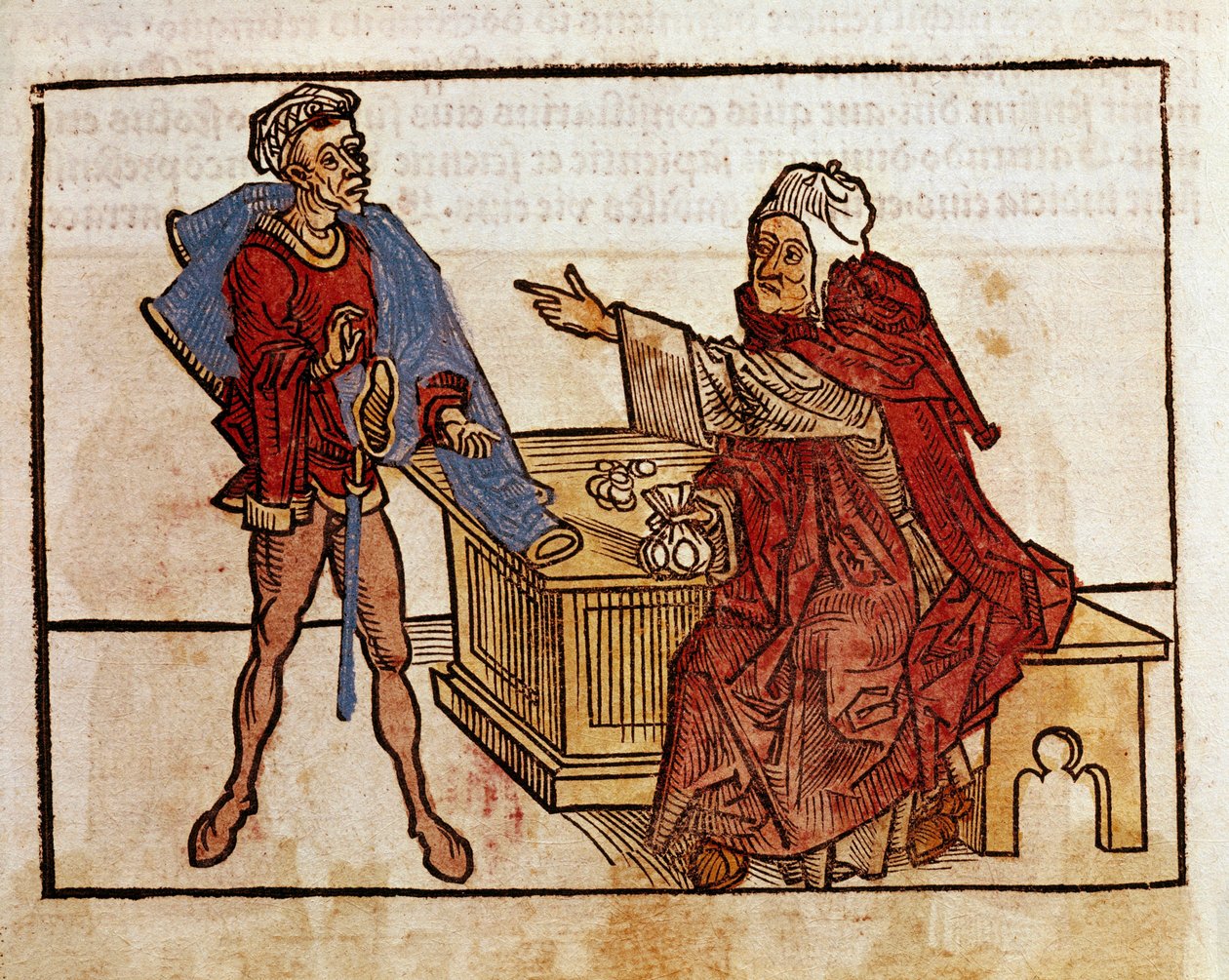 Transaksjon mellom en jøde og en lånehai Side hentet fra reiseboken "" Peregrinatio in Terram Sanctam"" etter pilegrimsreisen i Bernard de Breydenbachs (Breidenbach) (1454-1497) hellige land illustrert med graveringer av Erhard Reuwich av Erhard Reuwich