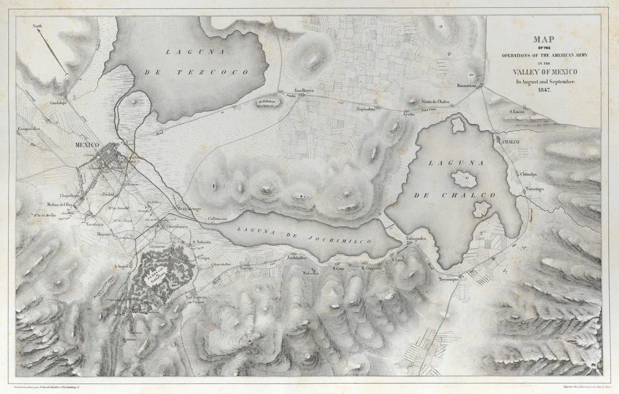 Kart over operasjonene til den amerikanske hæren i Mexico-dalen i august og september 1847 under den meksikansk-amerikanske krigen. av Erhard Schieble