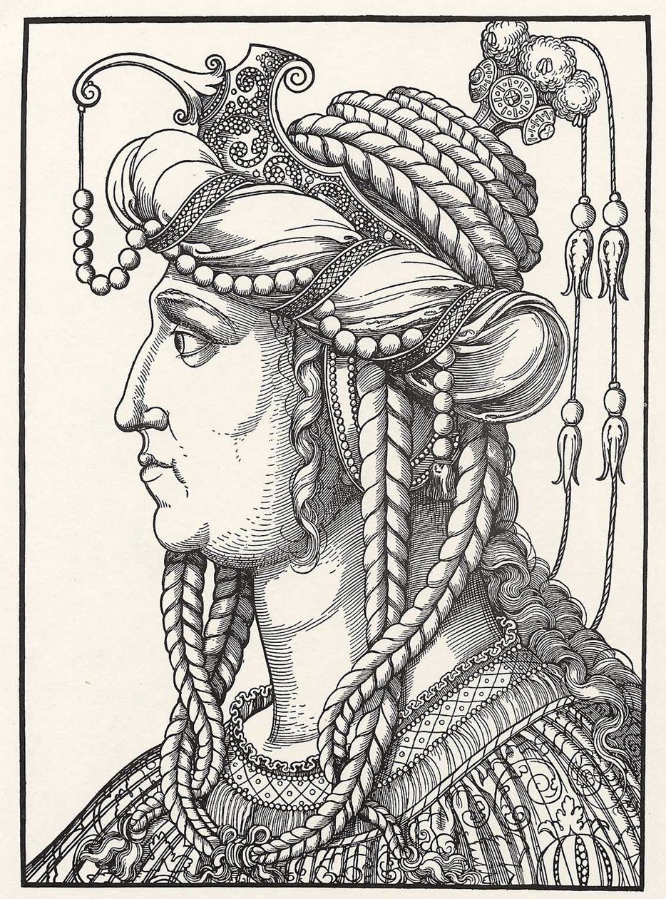 ""Portrett av Sultana Roxelane (Russelazie (rutheneren), eller Hurrem (nee Anastasia Lisovska, ca. 1500-1558) kone til Sultan Suleiman den storslåtte"" Tresnitt av Erhard Schoen (1491-1592) ca. 1532 Go Herzogliches Museum av Erhard Schon