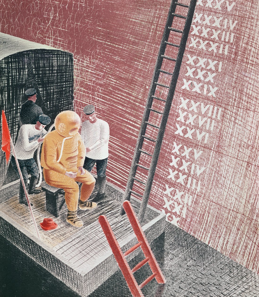 Dykker klargjøres for nedstigning av Eric Ravilious