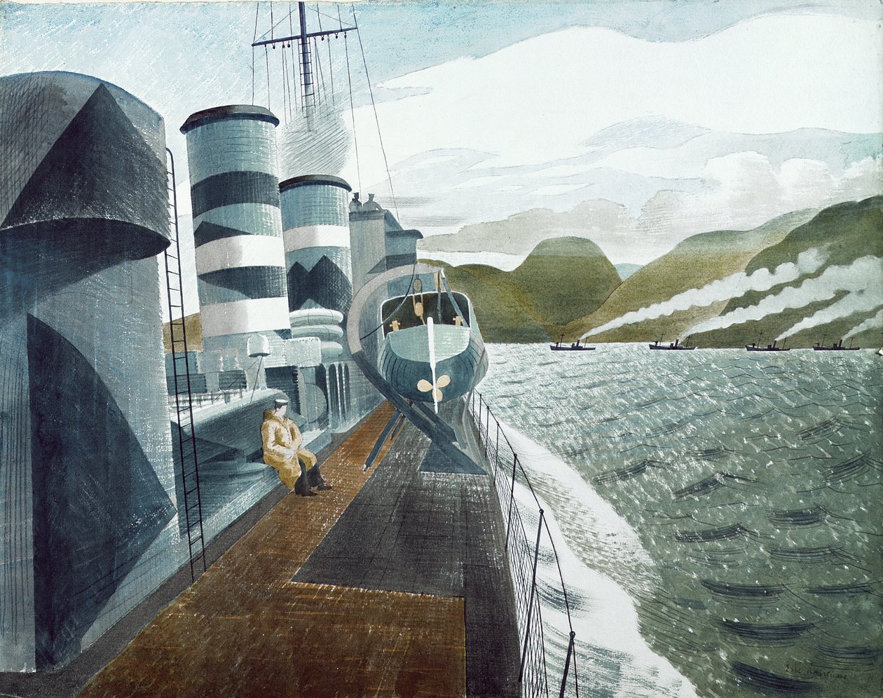 Leaving Scapa Flow (blyant og wc på papir) av Eric Ravilious