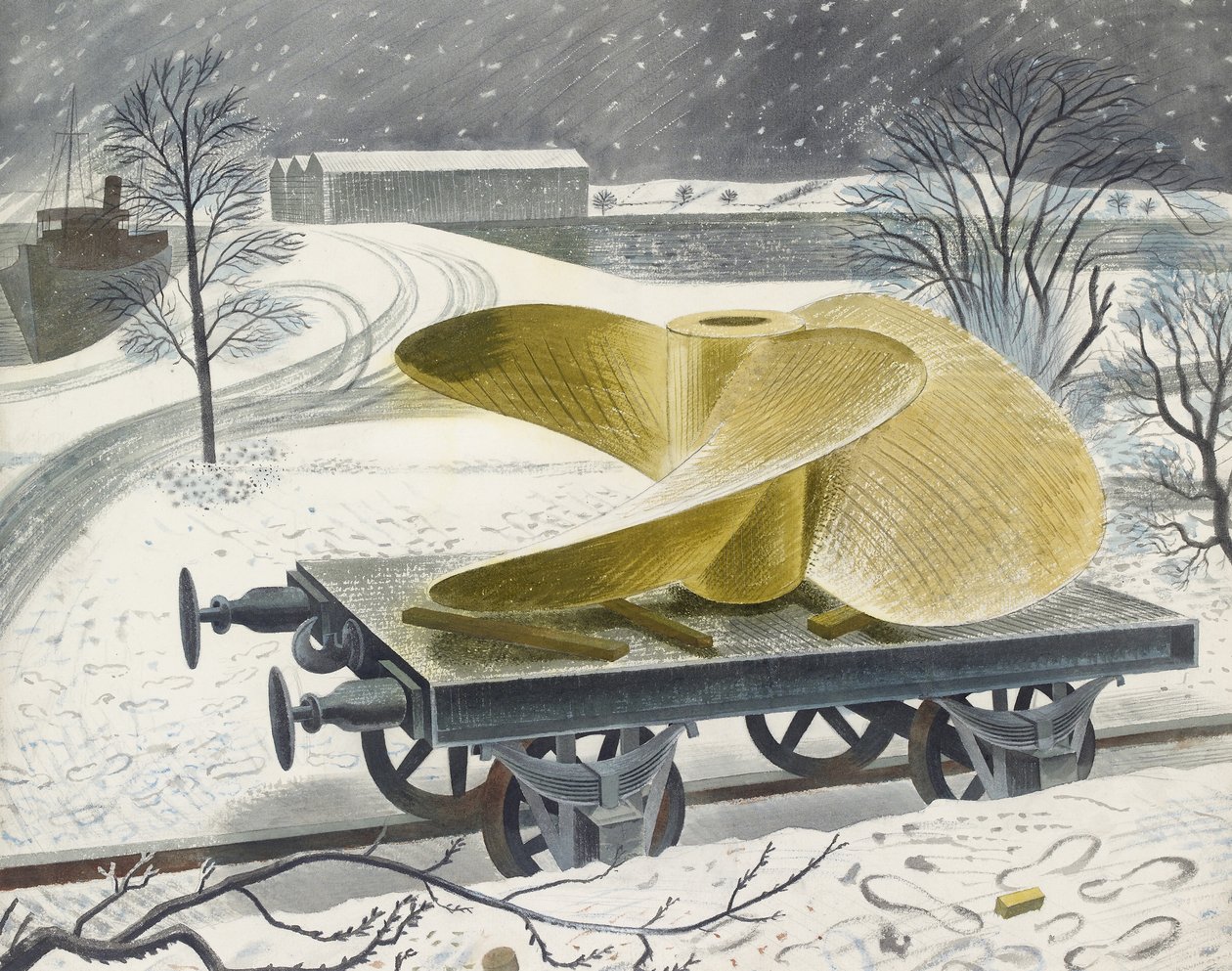 Skipsskrue på en jernbanevogn (akvarell over grafitt, på papir) av Eric Ravilious