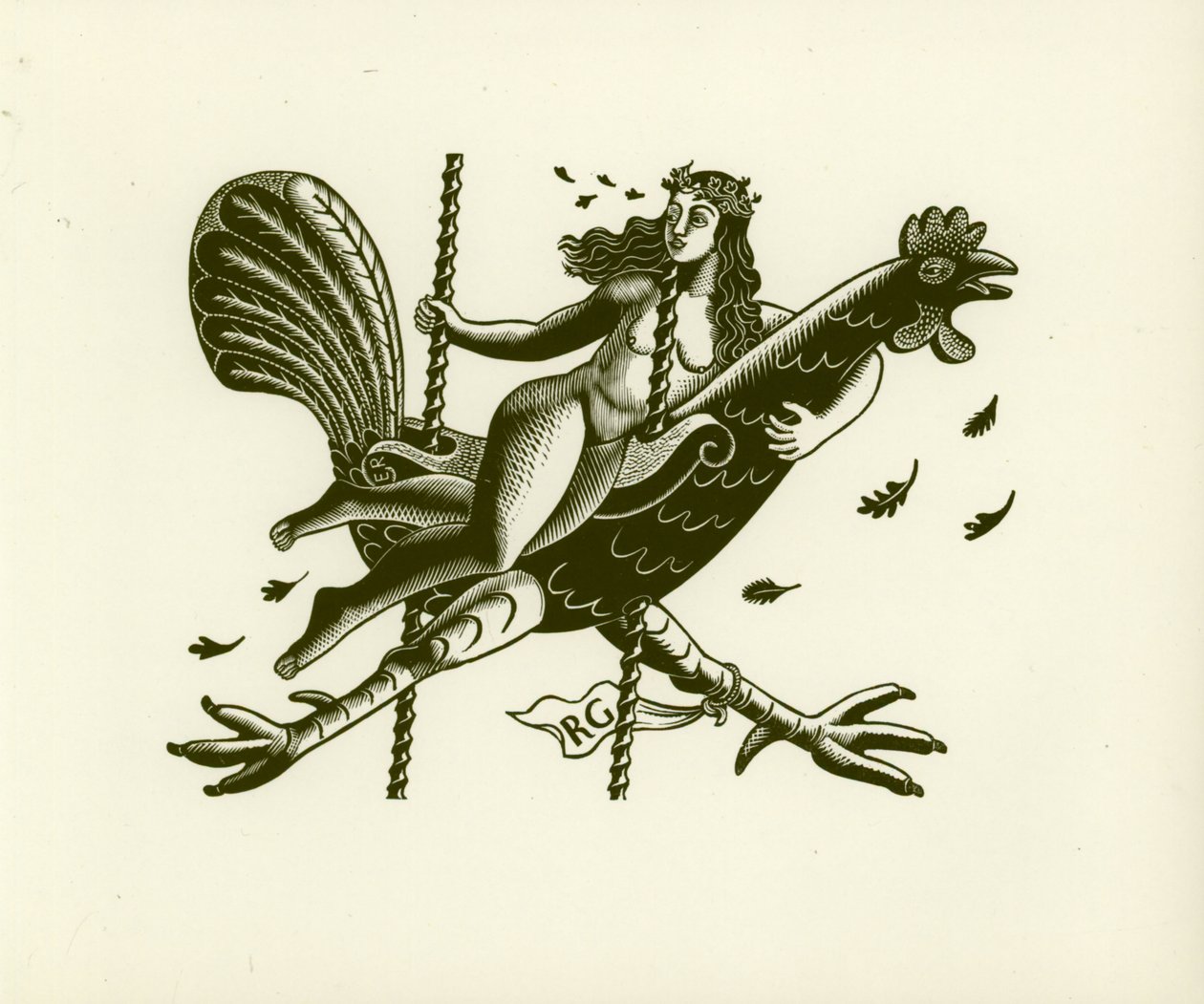 Tirzah på en hane, 1931 (treblokktrykk) av Eric Ravilious