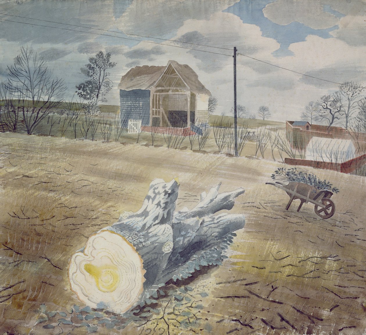 Trestamme og trillebår av Eric Ravilious