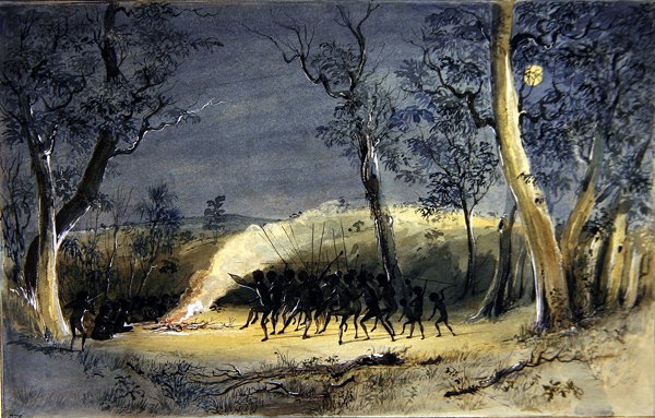 A Native Corroboree at Night (blyant, akvarell og gummi arabicum på papir) av Eric Gill