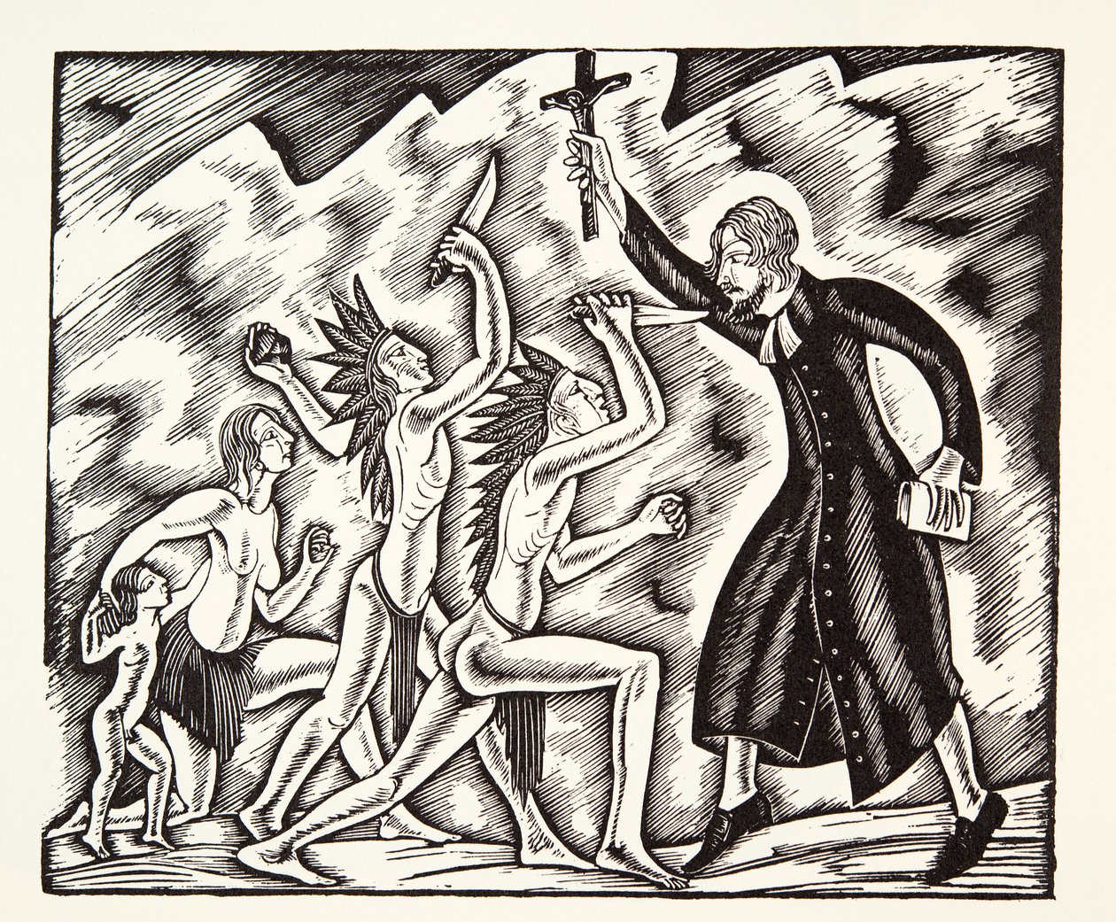 Angrepet, fra The Travels and Sufferings of Father Jean de Brebeuf av Eric Gill