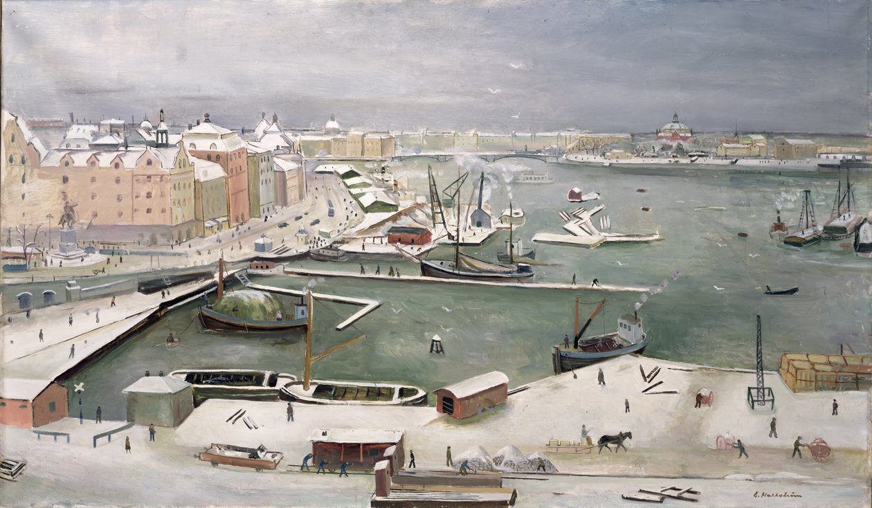 Stockholm i snø (olje på lerret) av Eric Hallström