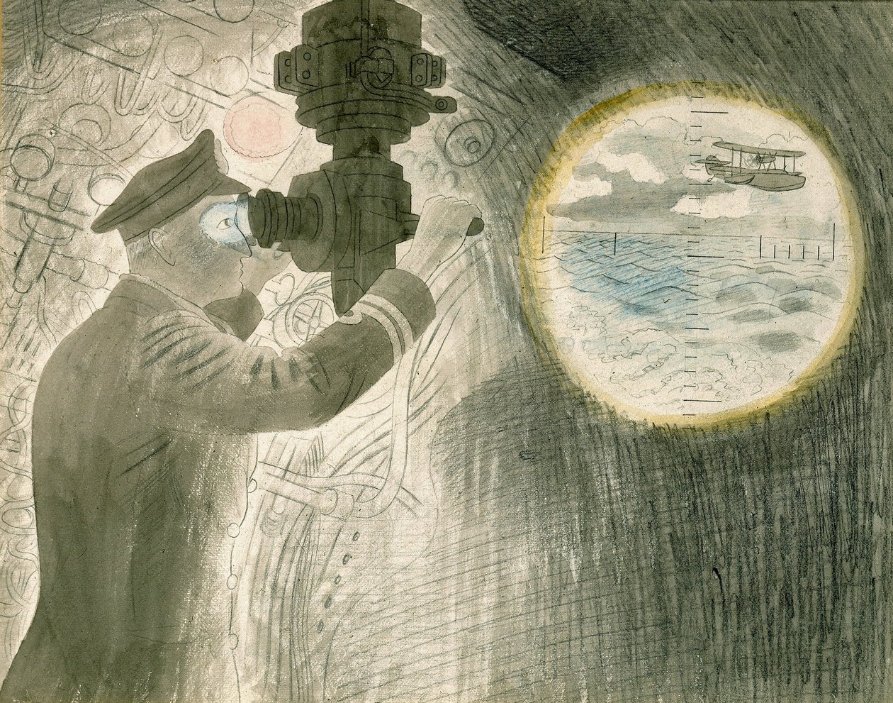 En ubåtoffiser ser gjennom periskopet. Akvarell og blyant på papir av Eric Ravilious