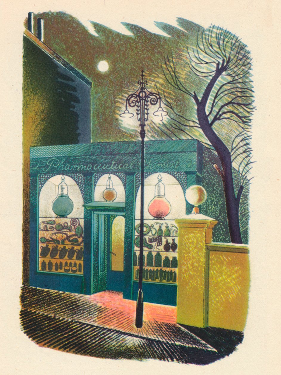 Kemikerbutikk om natten, 1938, 1946 av Eric Ravilious