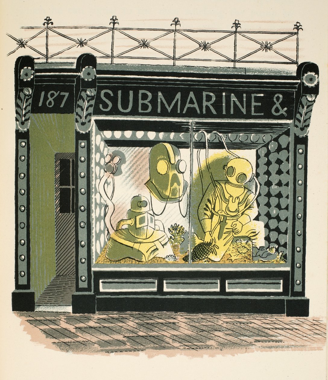 Diving Shop, illustrasjon fra 'High Street' av JM Richards, trykt av Curwen Press, pub. av Country Life, 1938 av Eric Ravilious