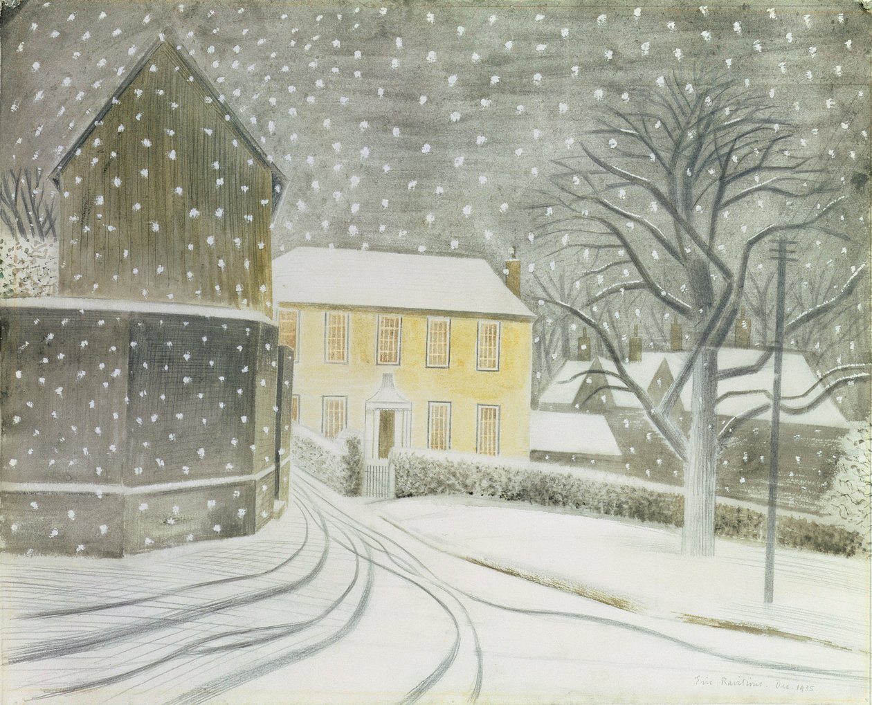 Halstead Road i snø av Eric Ravilious