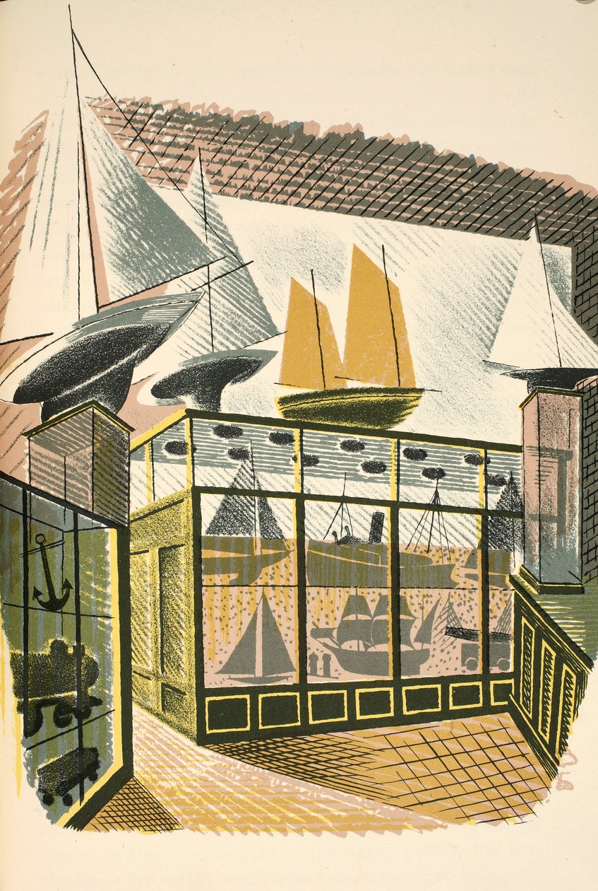 Model Ships and Trains, illustrasjon fra 'High Street' av JM Richards, trykt av Curwen Press, pub. av Country Life, 1938 av Eric Ravilious