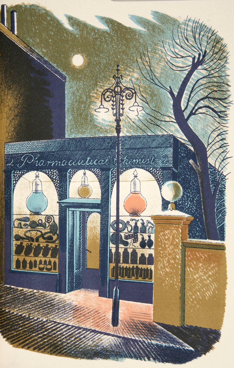 Apotek, illustrasjon fra 'High Street' av JM Richards, trykt av Curwen Press, pub. av Country Life, 1938 av Eric Ravilious