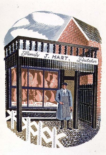 The Butchers Shop, trykt av Curwen Press, fra High Street, av J.M. Richards, utgitt av Country Life, 1938 (sett med 24) av Eric Ravilious