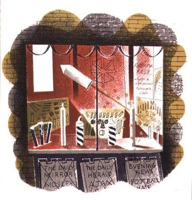 The Newsagent, trykt av Curwen Press, fra High Street, av J.M. Richards, utgitt av Country Life, 1938 (sett med 24) av Eric Ravilious