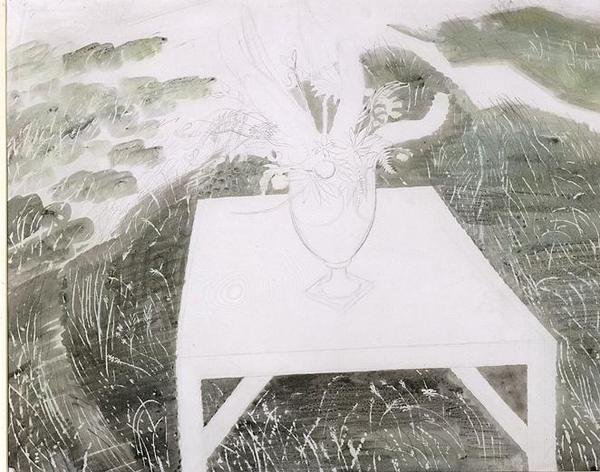 Vase med blomster i en hage (blyant og akvarell på papir) av Eric Ravilious