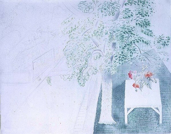 Vase med valmuer under et tre (akvarell) av Eric Ravilious