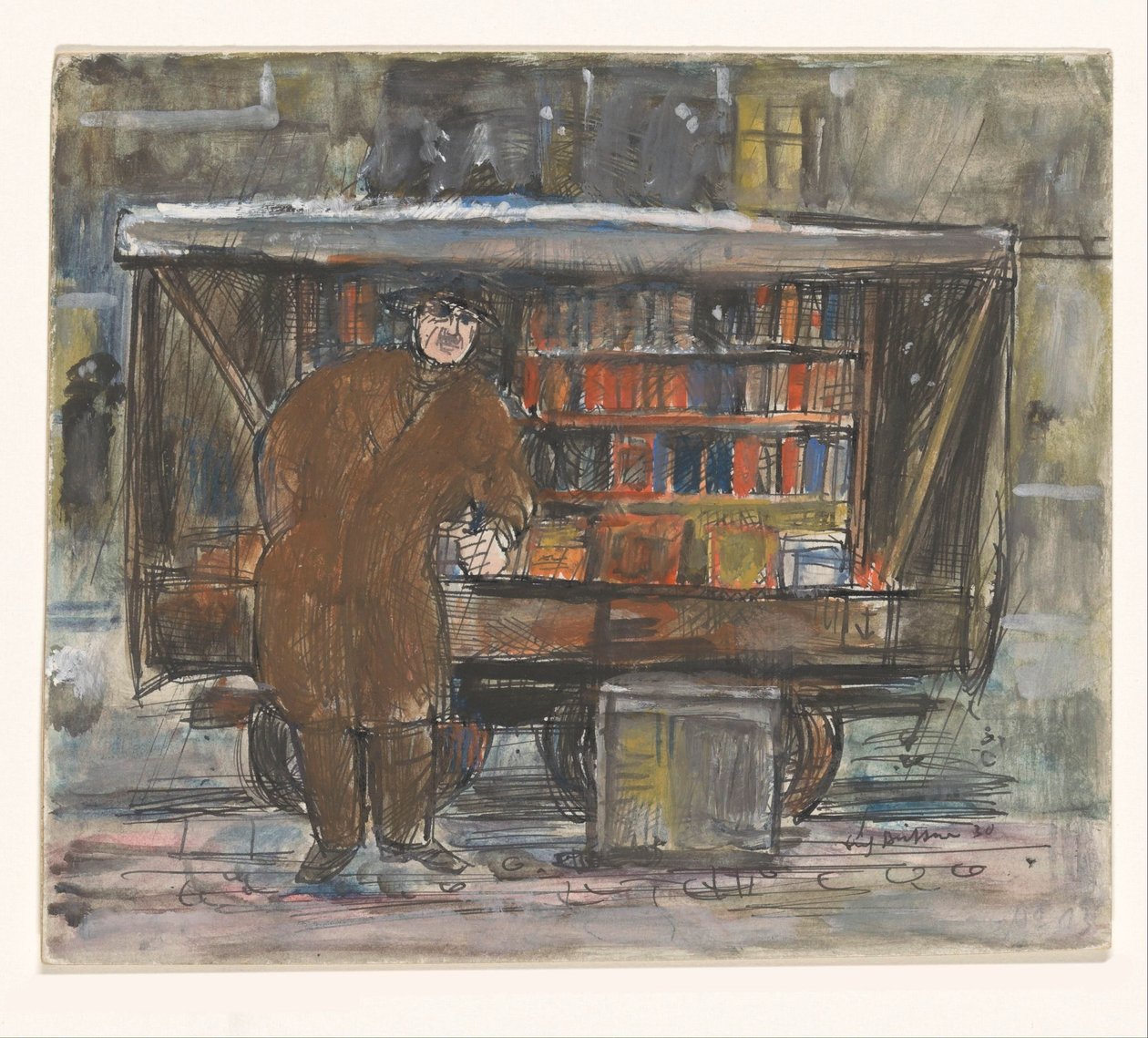 Bokhandler foran bokvognen sin av Erich Büttner (signed by artist)