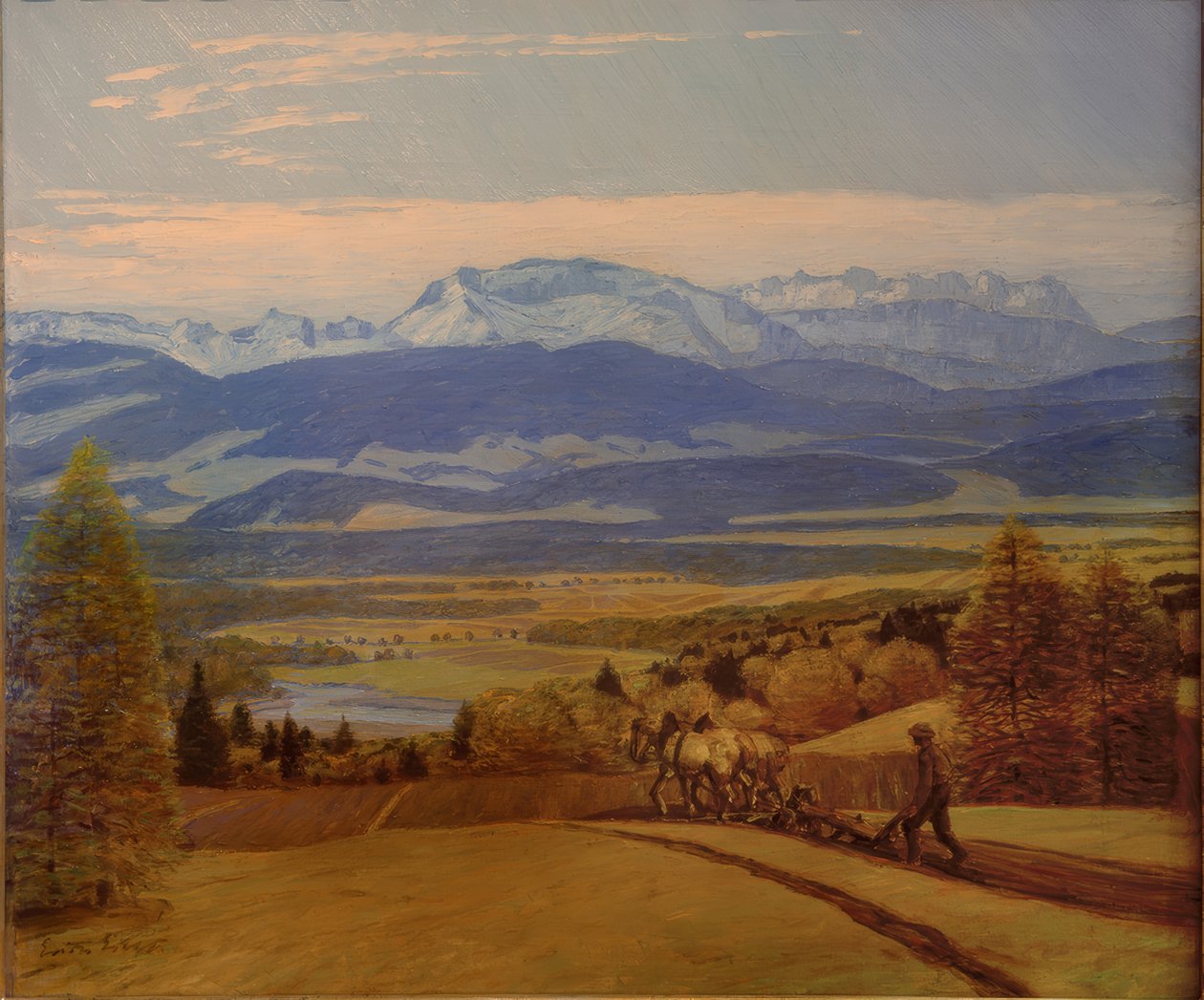 Bonde som pløyer i Engadine av Erich Erler Samaden