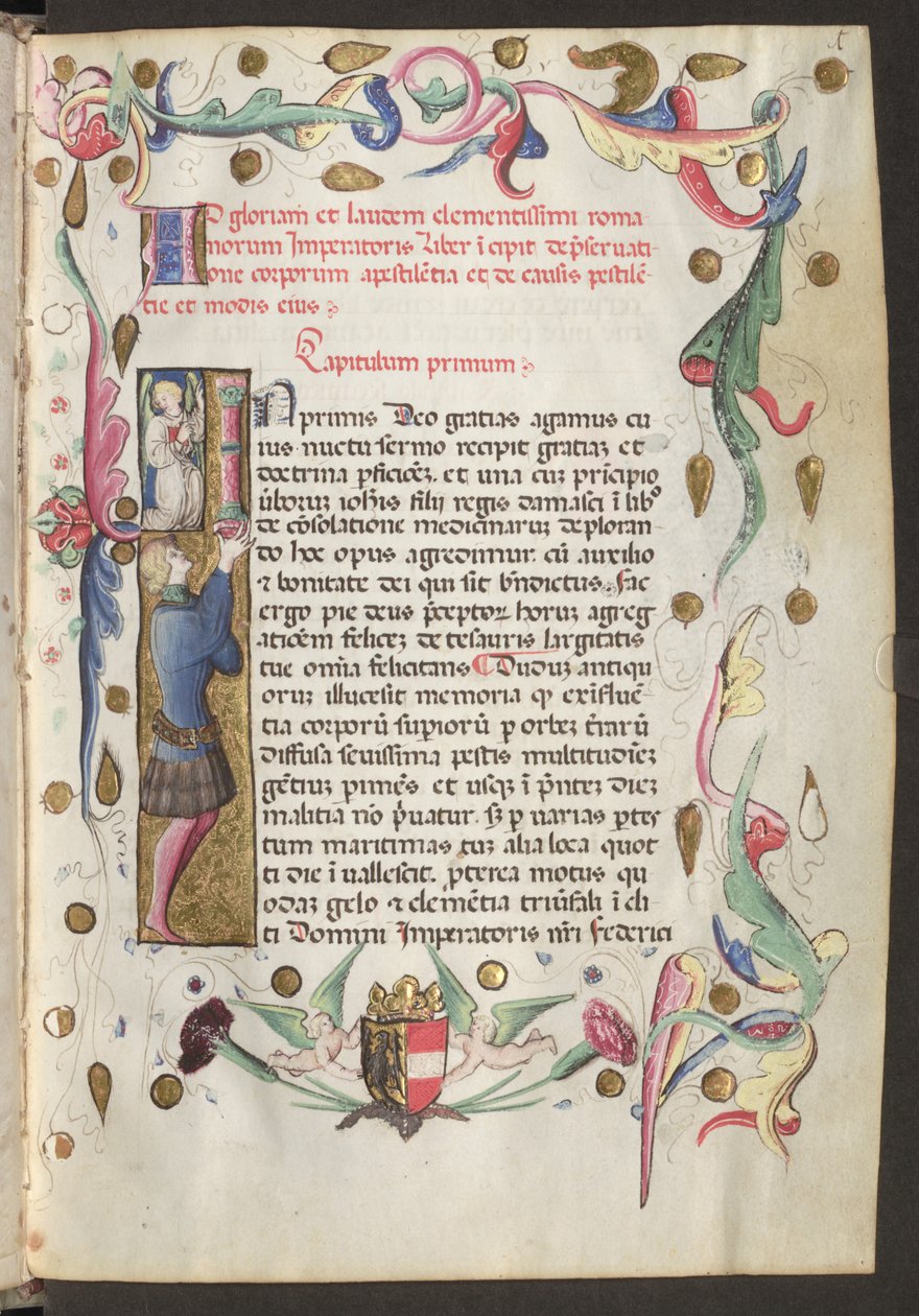 Helside: tekst, initialer og vinranker med Friedrich IIIs våpenskjold nedenfor av Erich Lessing