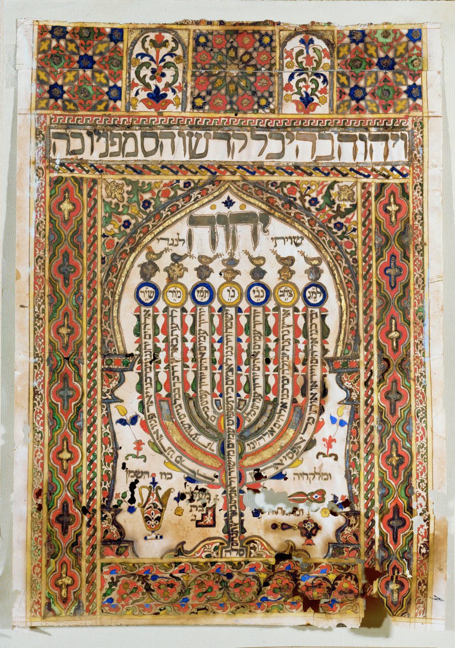 Shiviti, en dekorativ plakett satt på østveggen i en synagoge, for å indikere bønnens retning mot Jerusalem (akvarell, gullblad og gullpulver) av Erich Lessing