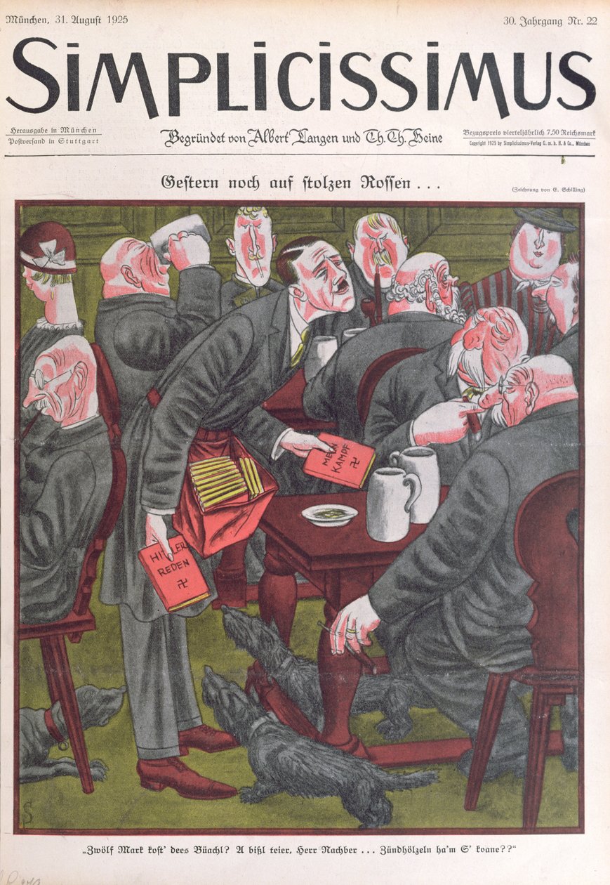 Adolf Hitler (1889-1945) som selger kopier av 'Mein Kampf' i Münchens ølhaller, omslag til 'Simplicissimus', 25. august 1925 (litho-farge) av Erich Schilling