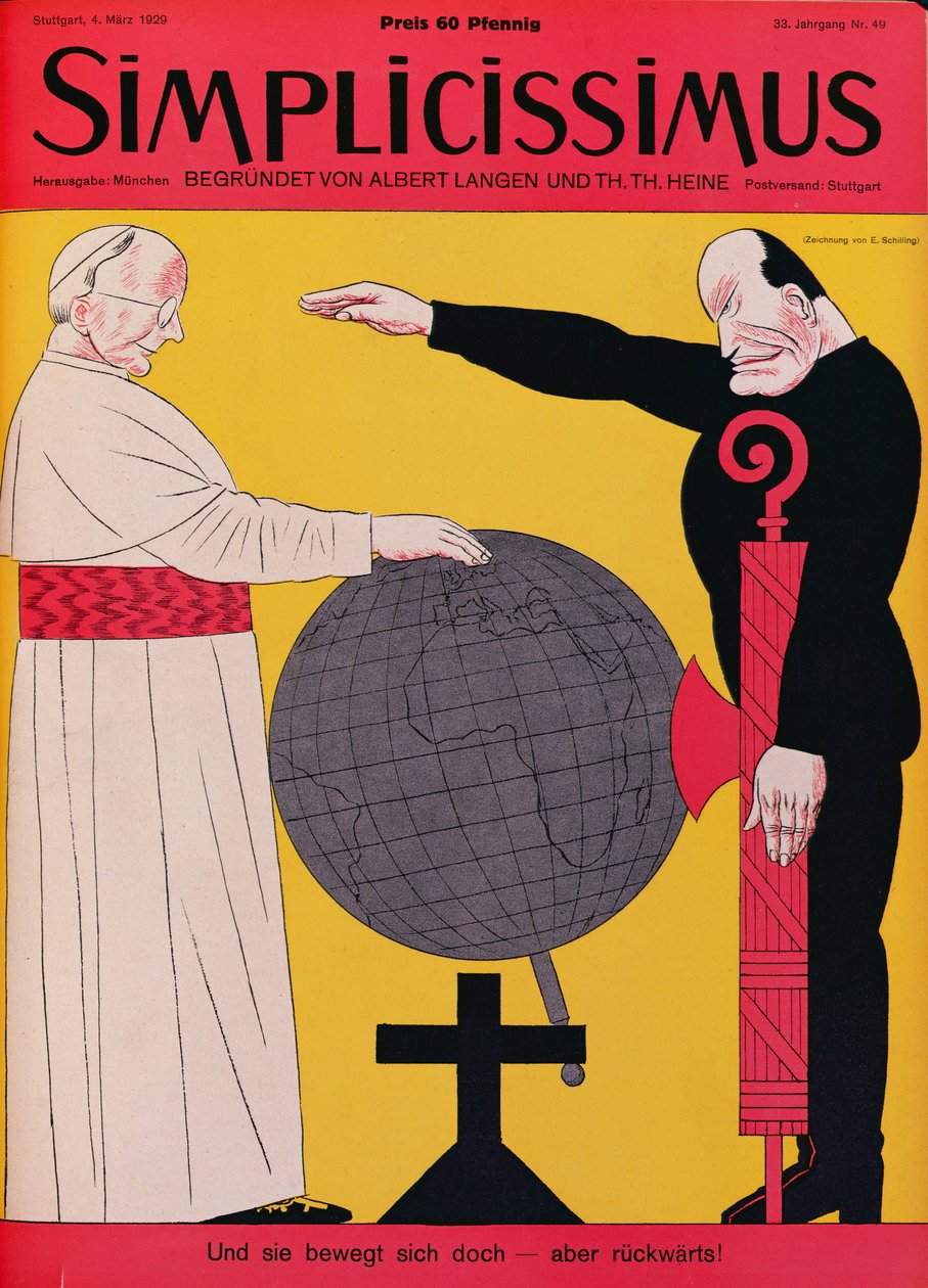 Pave Pius XI (1857-1939) og Mussolini (1883-1945) på tidspunktet for Laterantraktaten fra 1929, omslagsillustrasjon av magasinet Simplicissimus, 4. mars 1929 (litho i farger) av Erich Schilling