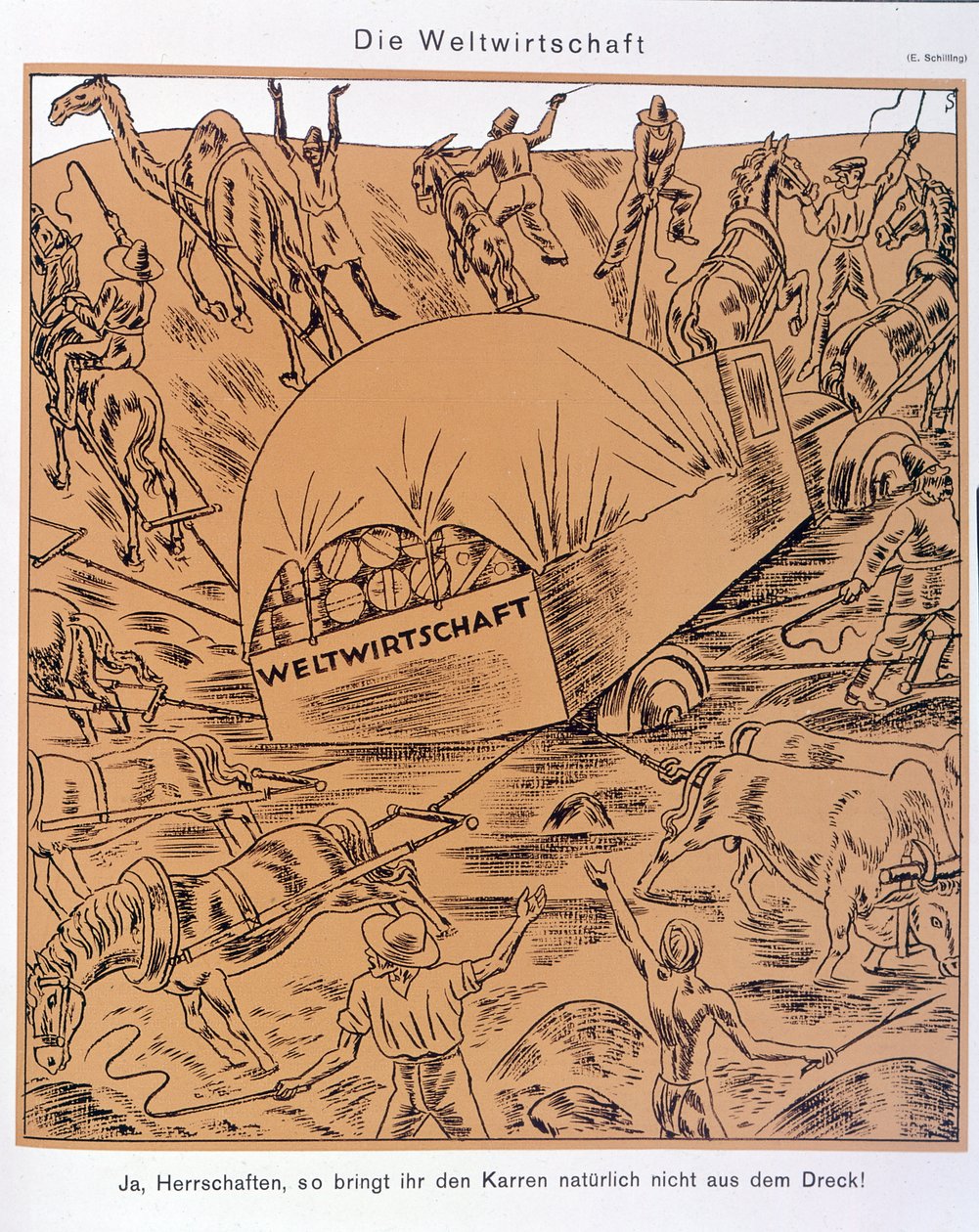 Satire over temaet Global Economy, Simplicissimus, ca. 1930 (litografi) av Erich Schilling