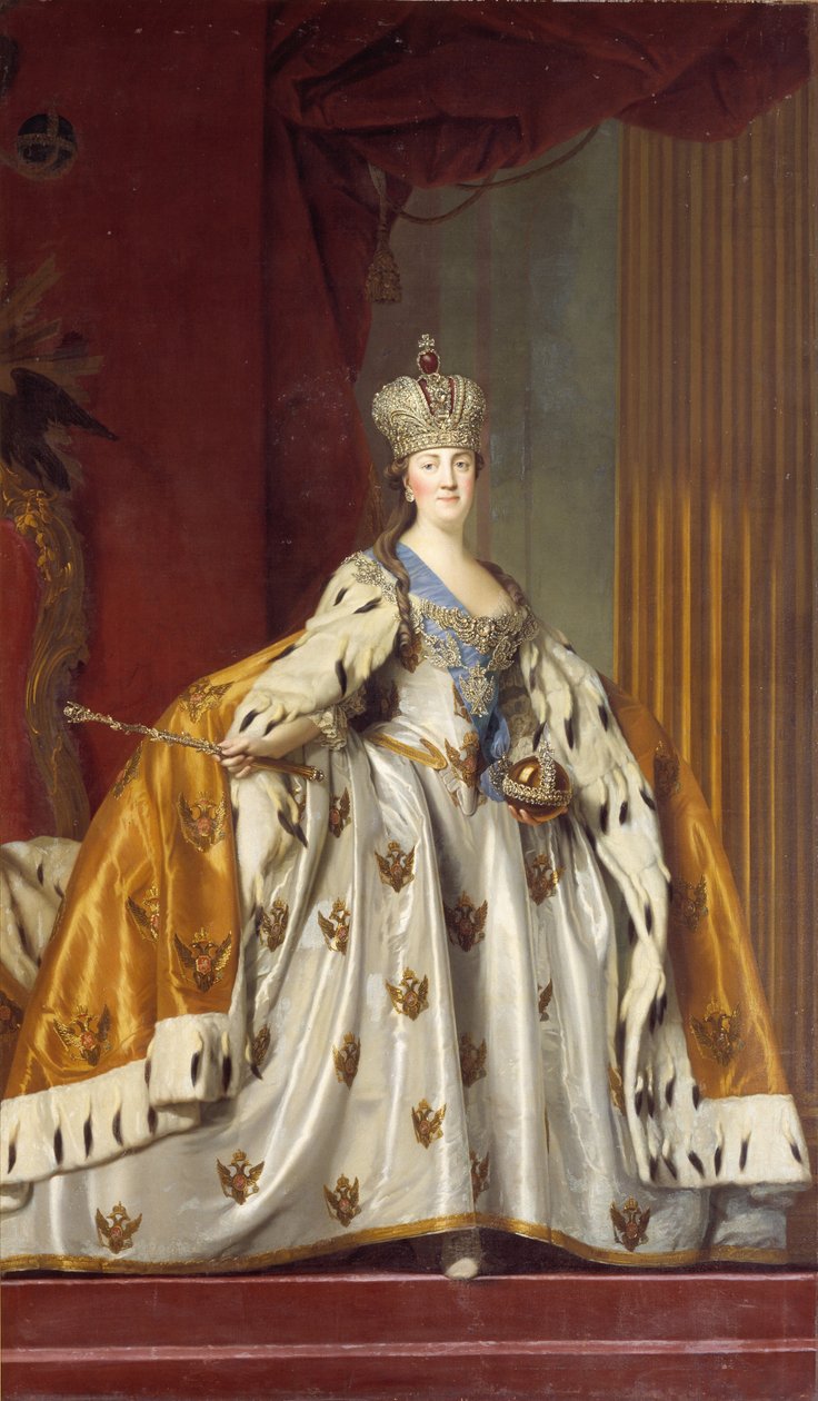 Portrett av keiserinne Katarina II 1729-1796 i hennes kroningskåper, 1766. av Erichsen
