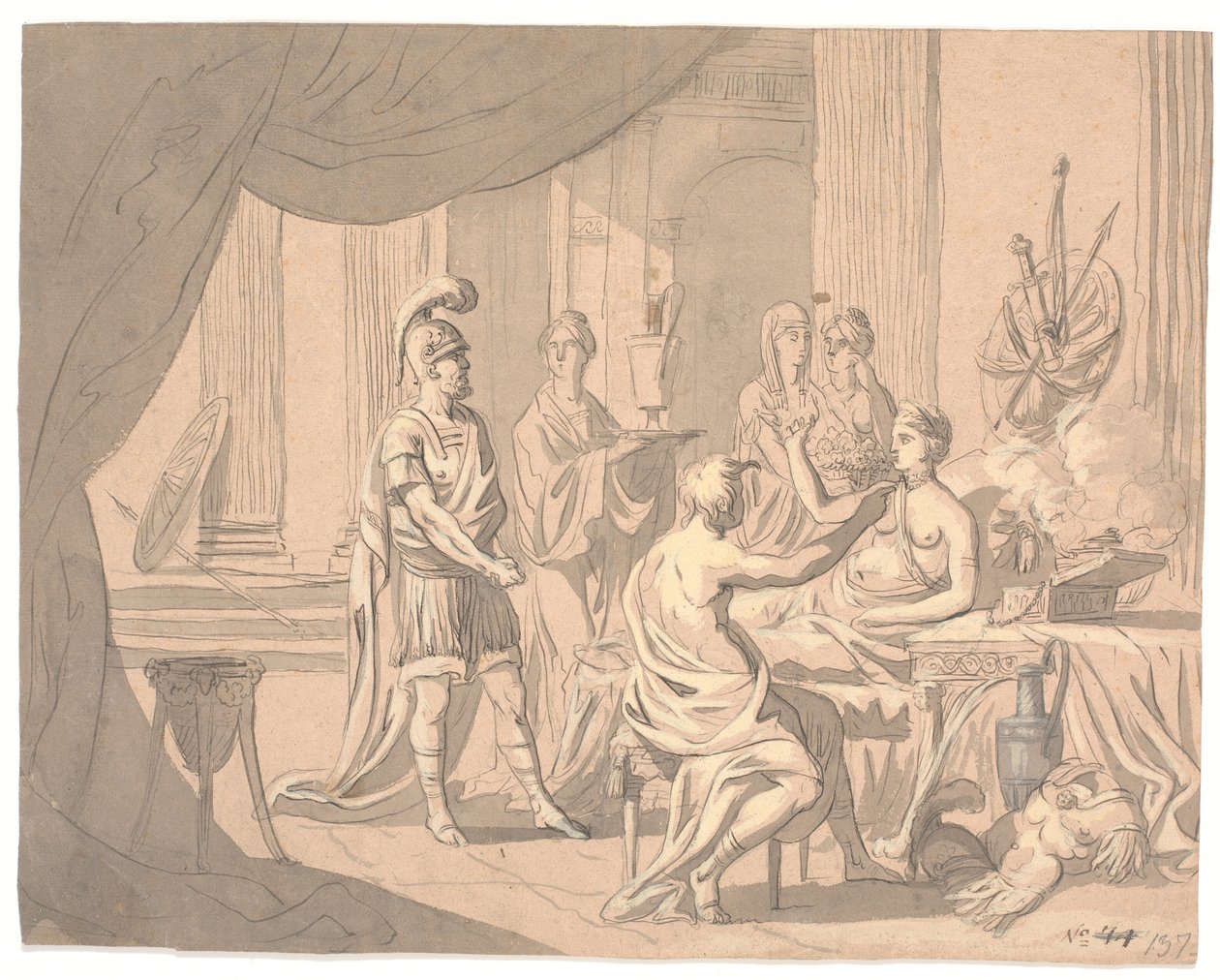 Antikk scene. En edel dame er utsmykket av andre damer foran en hjelmkledd kriger av Erik Pauelsen