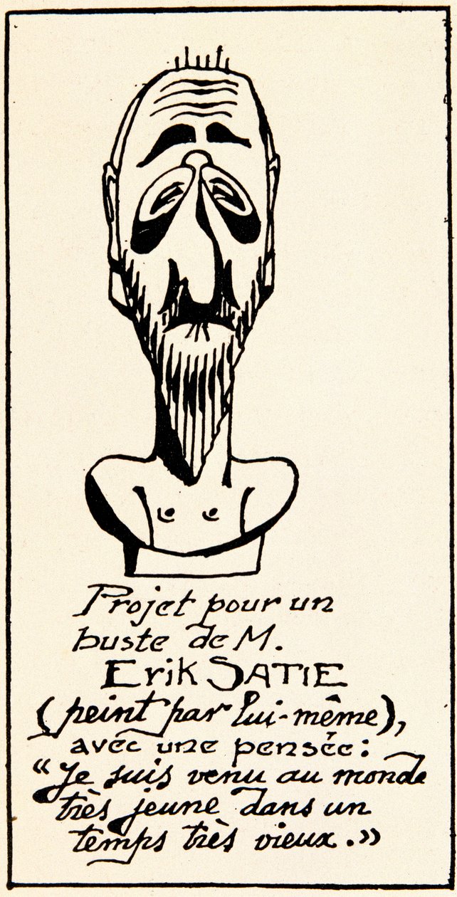 Bysteprosjekt av komponisten Erik Satie (1866-1925) av seg selv: Jeg kom til verden veldig ung i en veldig gammel tid» (Bysteprosjekt av komponisten Erik Satie av seg selv.) Privat samling av Erik Satie