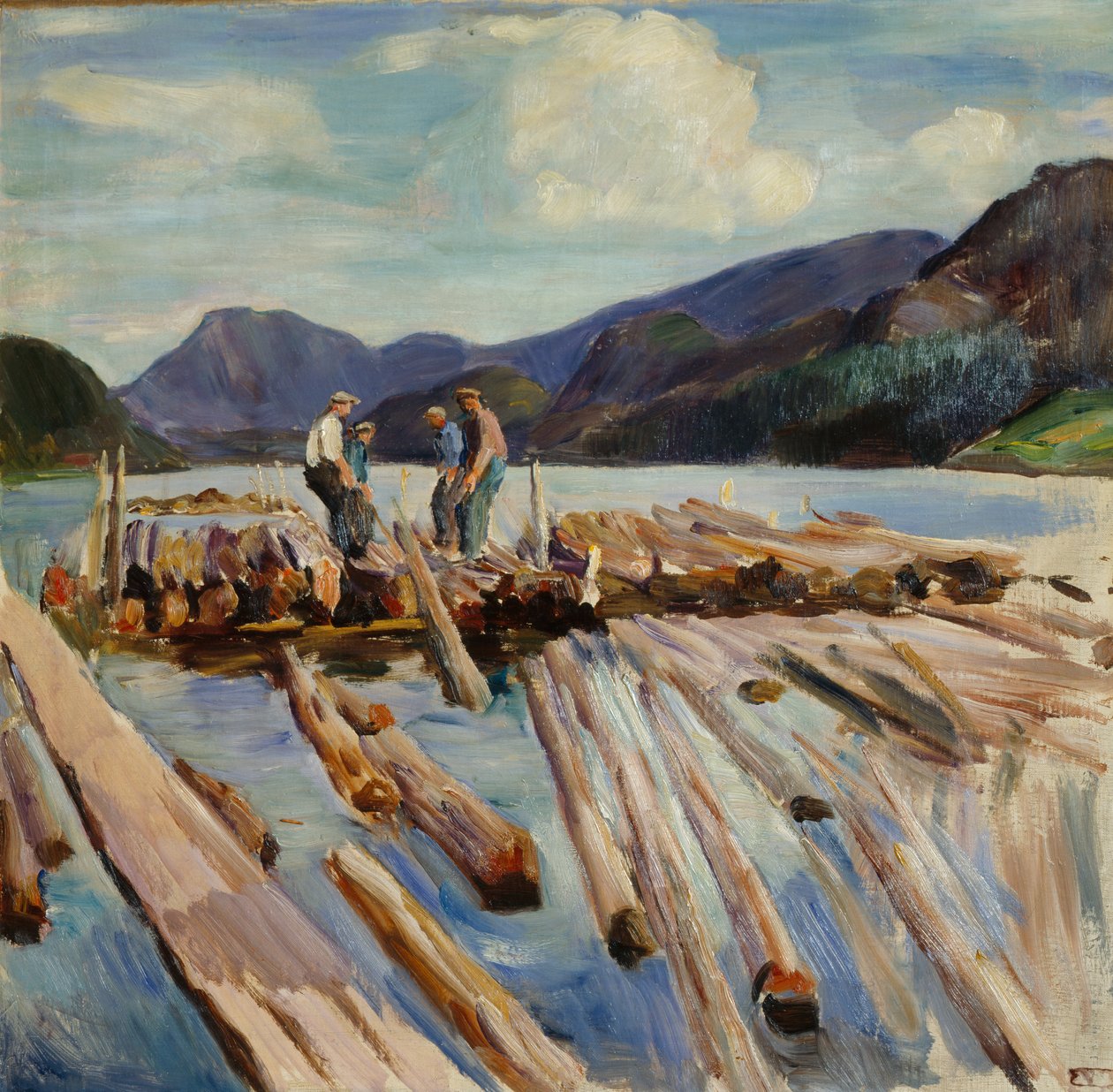 Drive logs in Kviteseid (Floating timber) av Erik Theodor Werenskiold