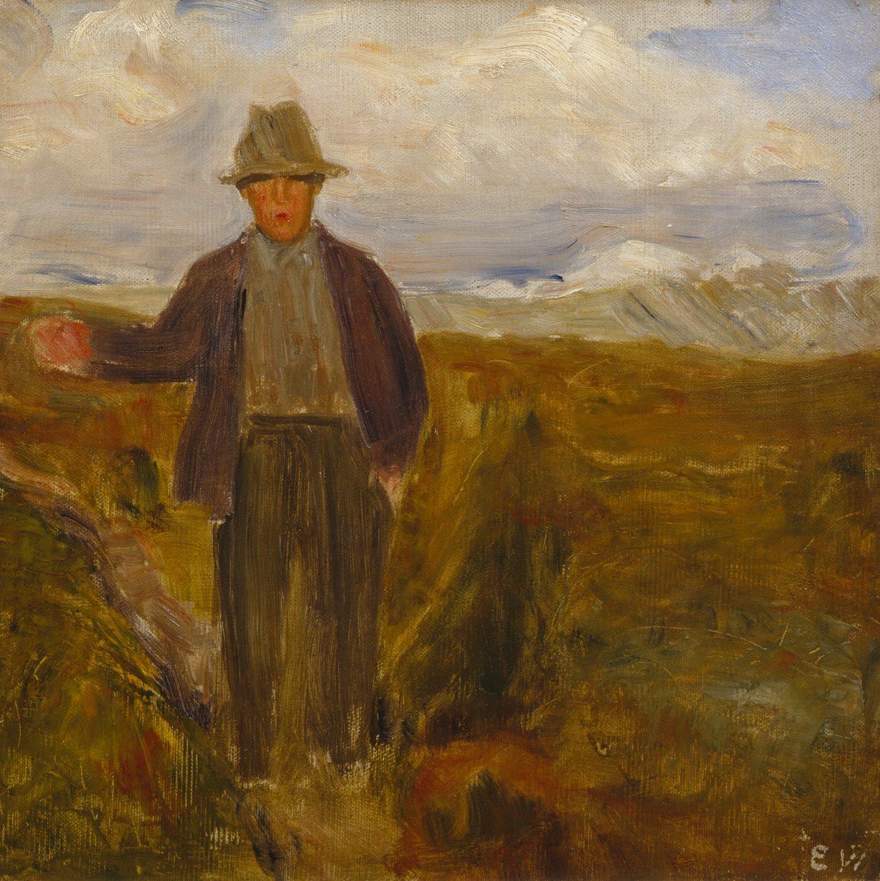 Mann med fjellet Smiubelgen og Rondane i ryggen av Erik Theodor Werenskiold
