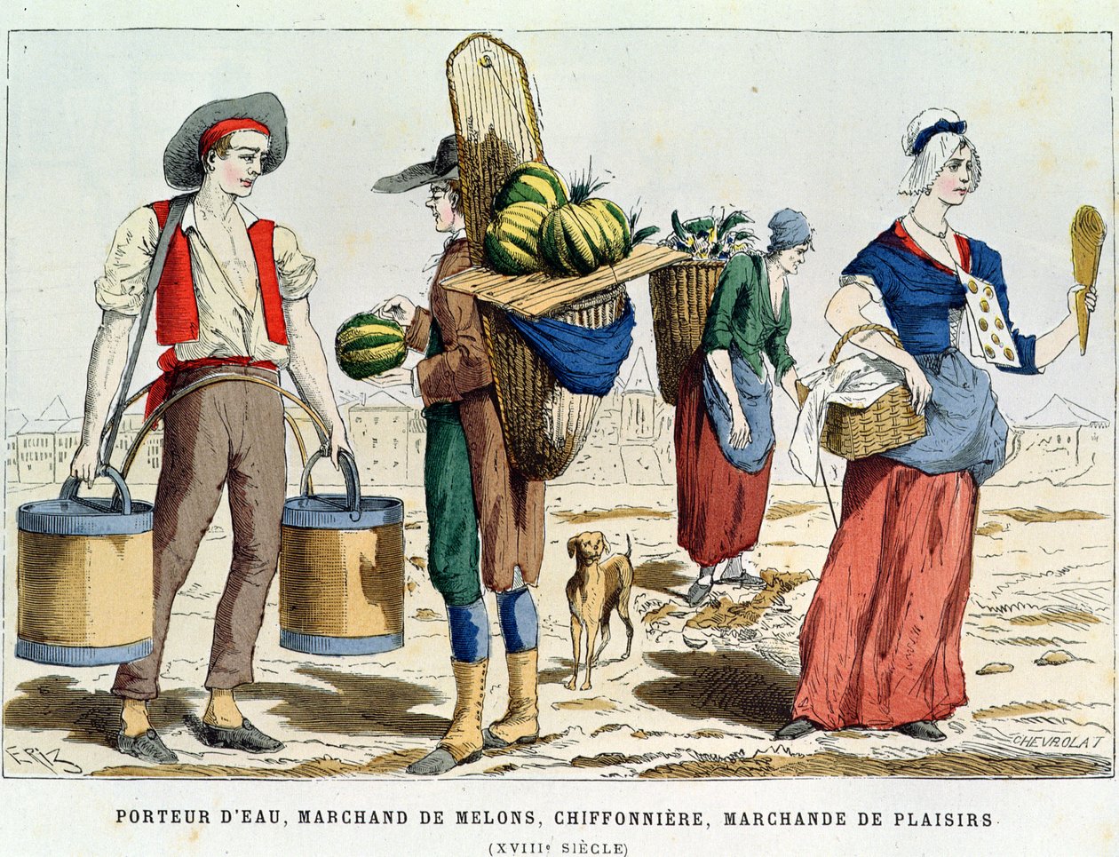 Vann Carrier; Melonselger, klut-og-benkvinne og konfektselger i det attende århundre, fra Costumes de Paris a Travers les Siecles ed. Roy, utgitt 1887 (fargegravering) av Eriz