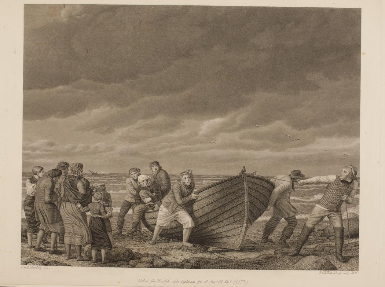 Fiskere fra Hornbek redder kapteinen fra et strandet skip (A.1775) av Erling Eckersberg